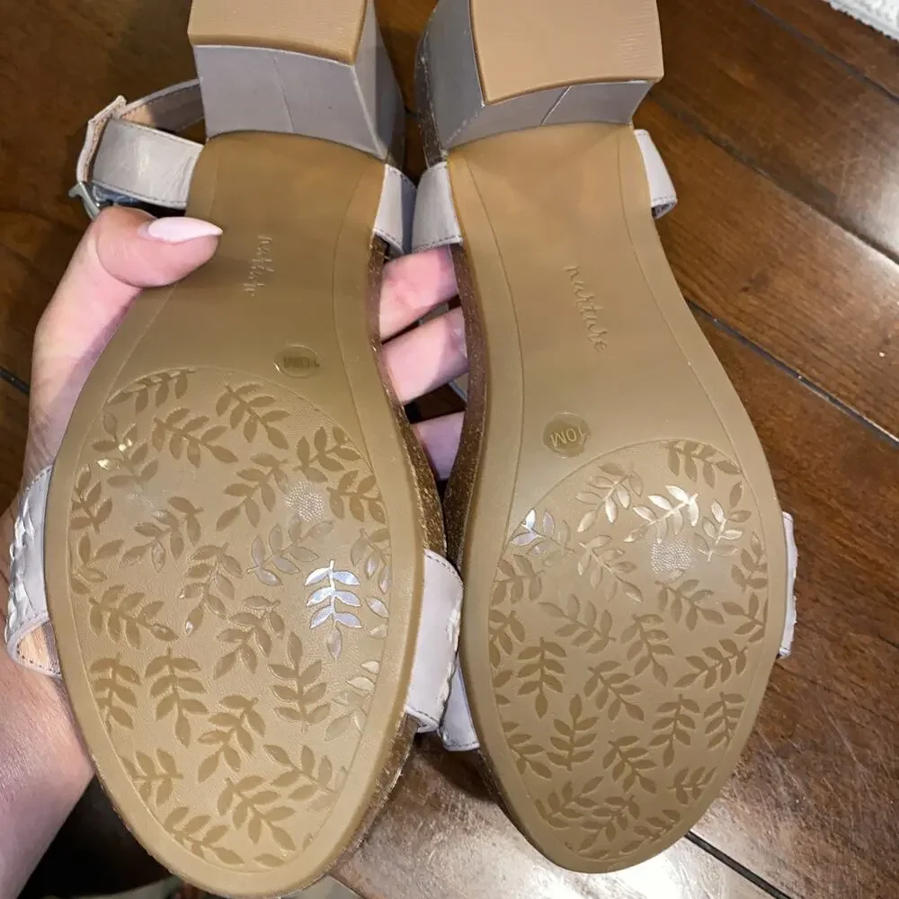 Nurture Taupe Leather Sandals Comfort Ankle Strap 3” Block Heel Weaved Design 10